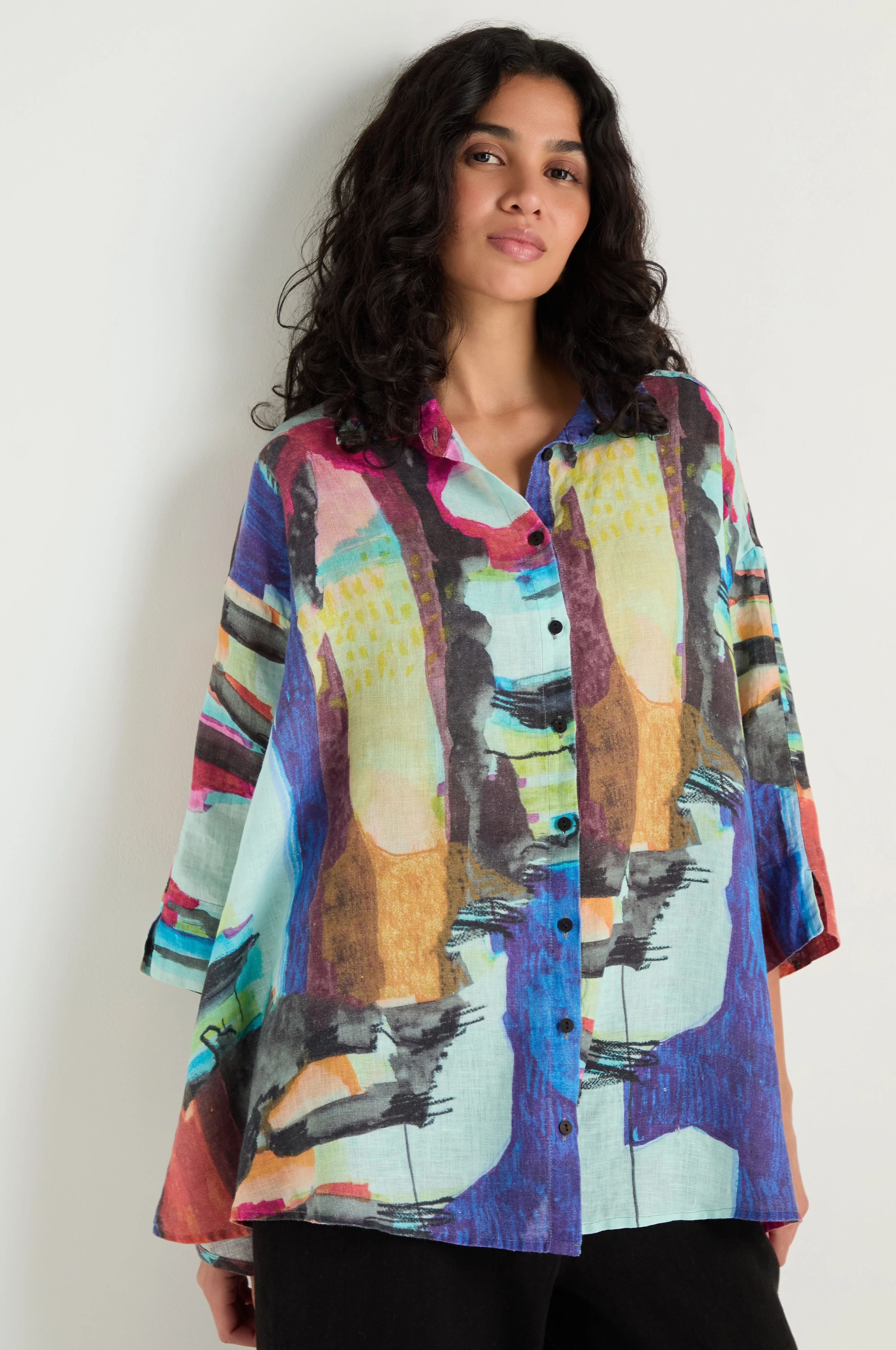 Abstract Print Flared Shirt - Image 3