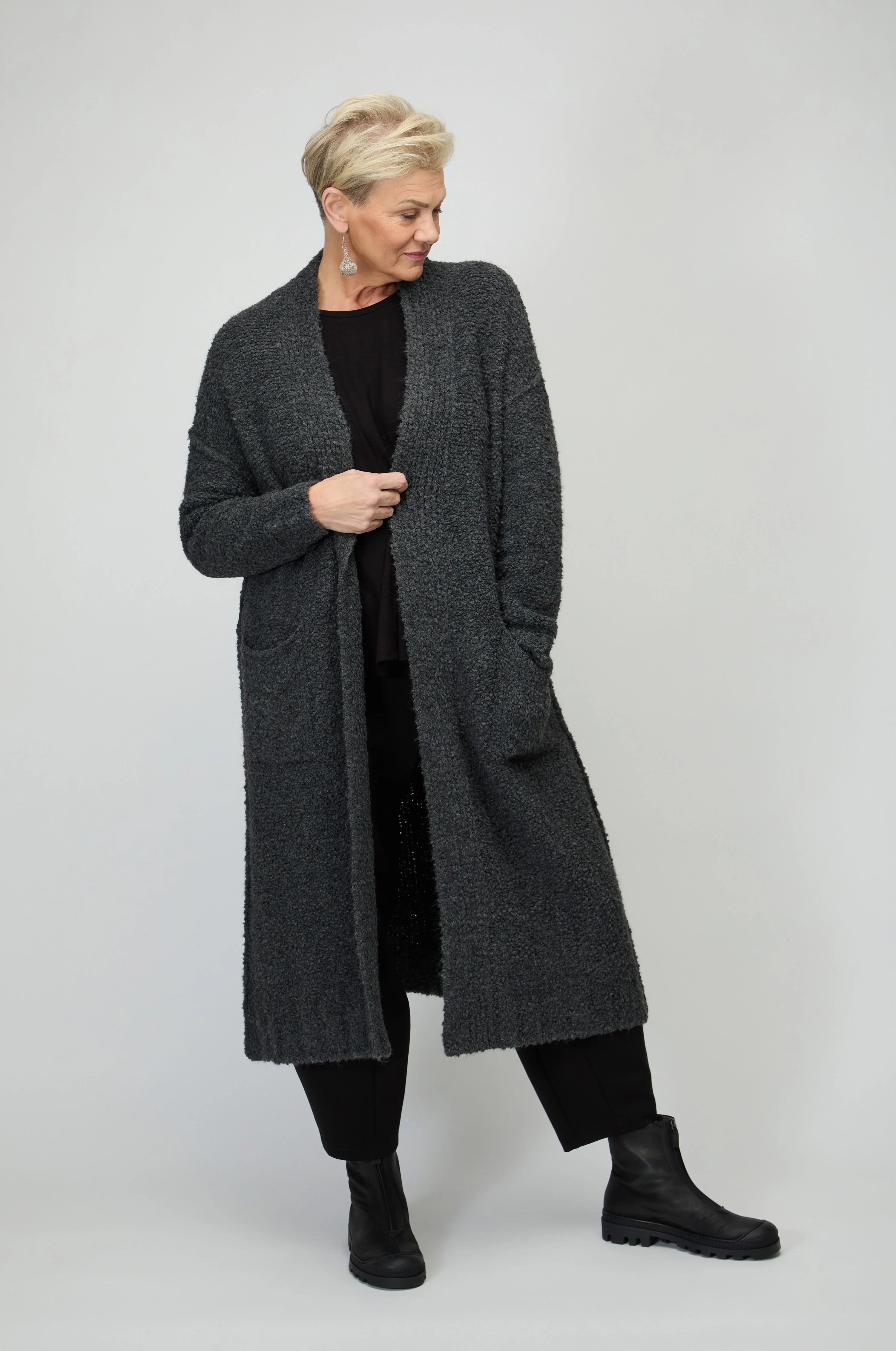Boucle Knit Long Charcoal Cardi - Image 3