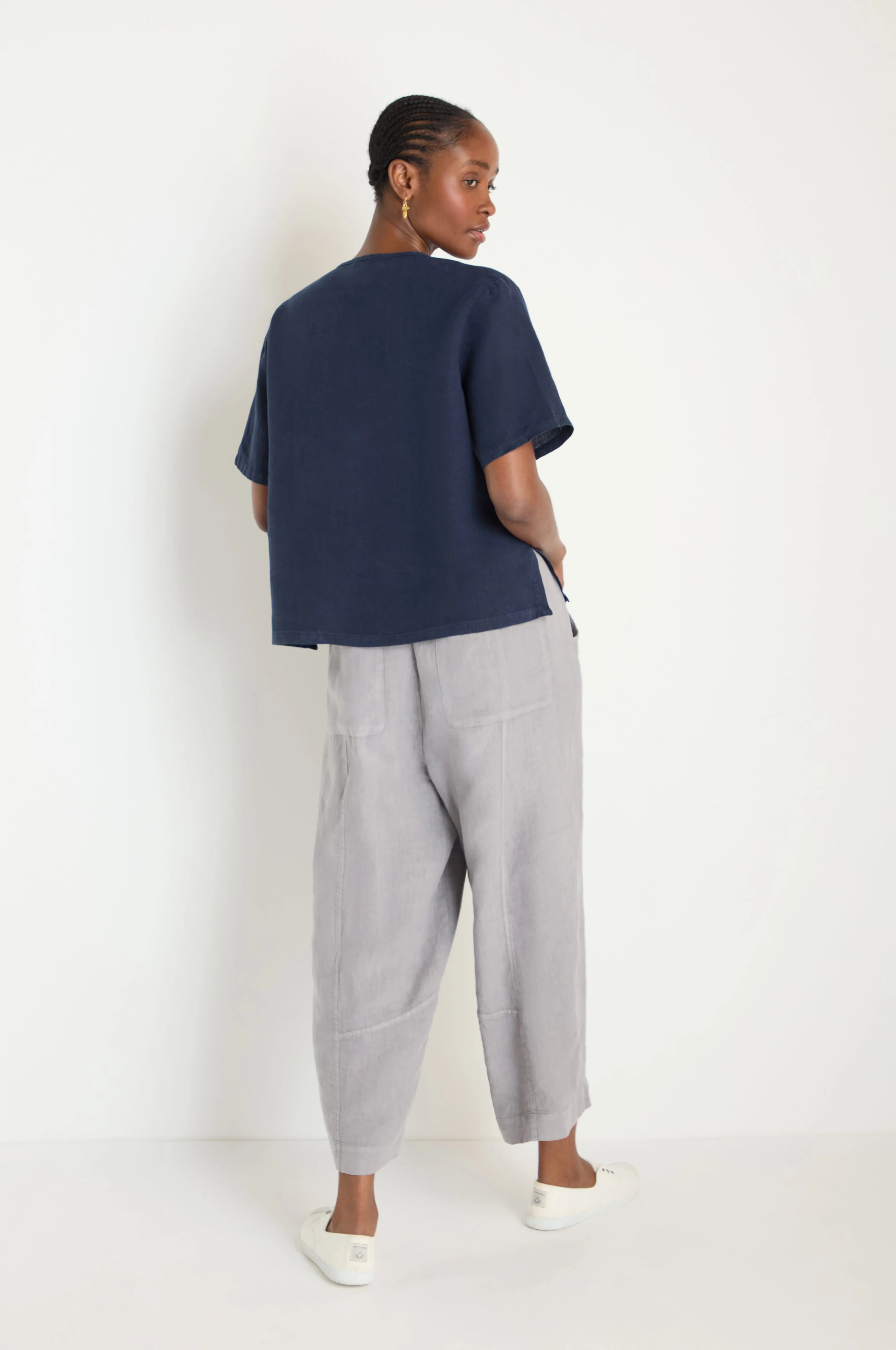 Linen Pleat Short Sleeve Navy Shirt - Image 4