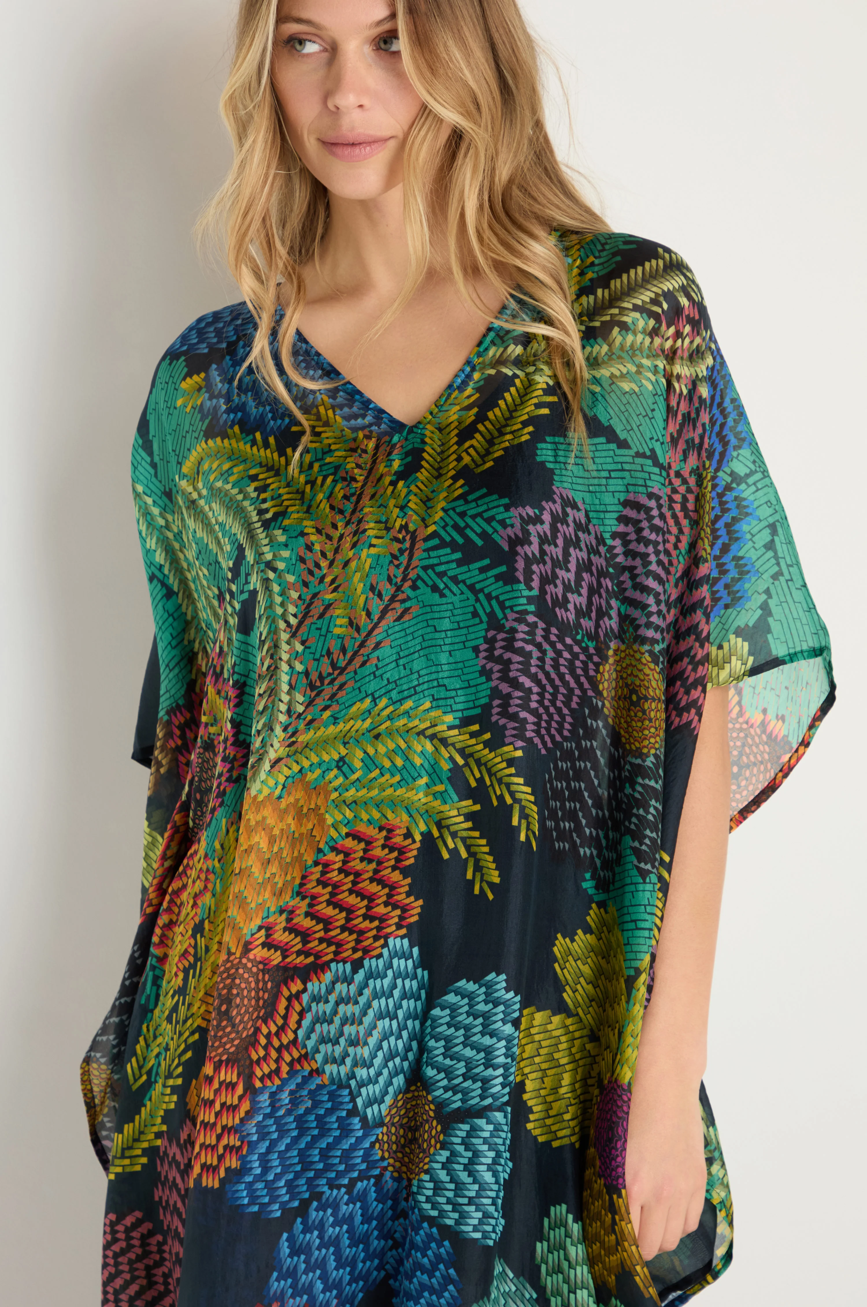 Pixelated Petals Silk V-Neck Kaftan - Image 3