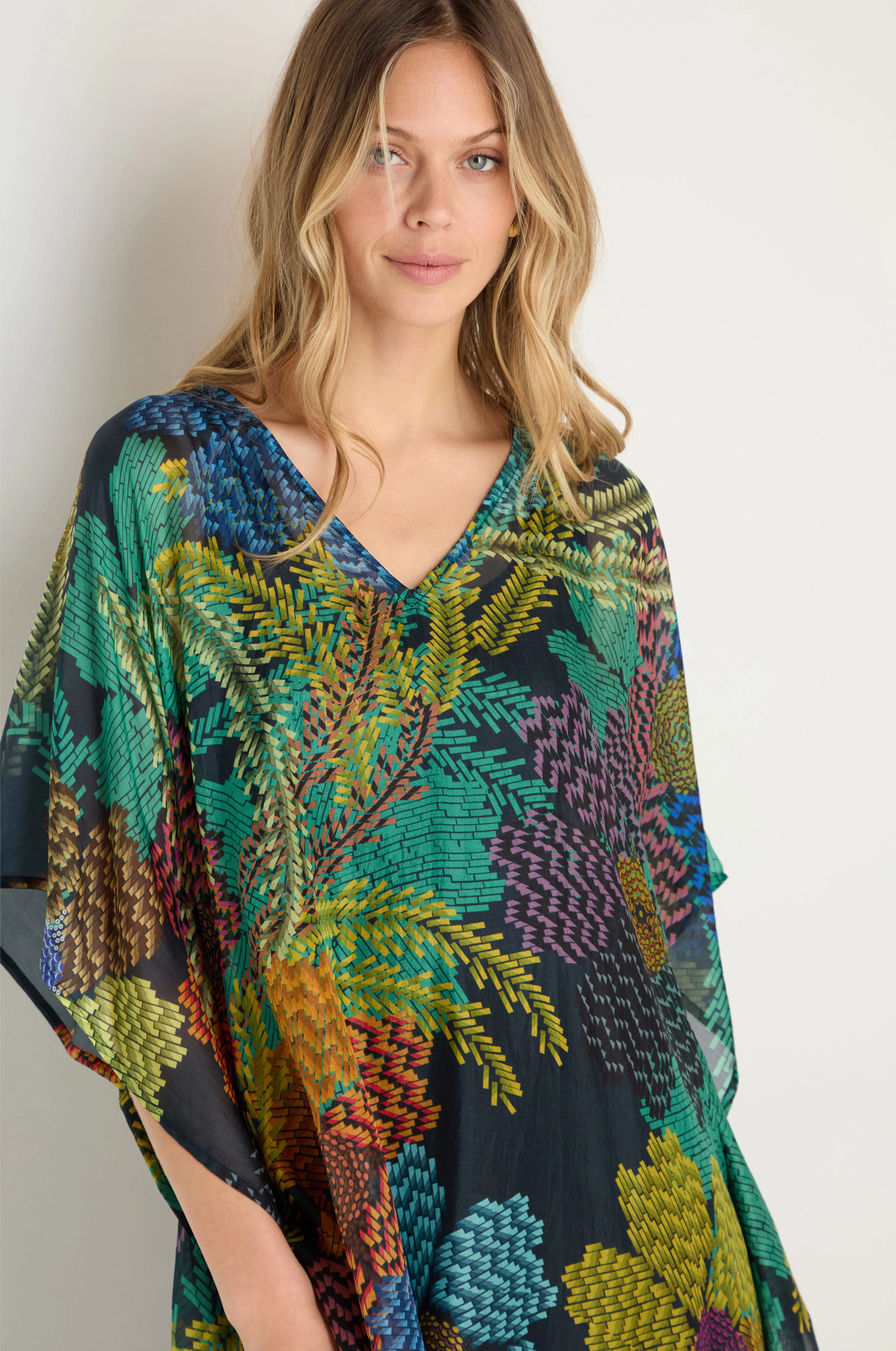 Pixelated Petals Silk V-Neck Kaftan - Image 4