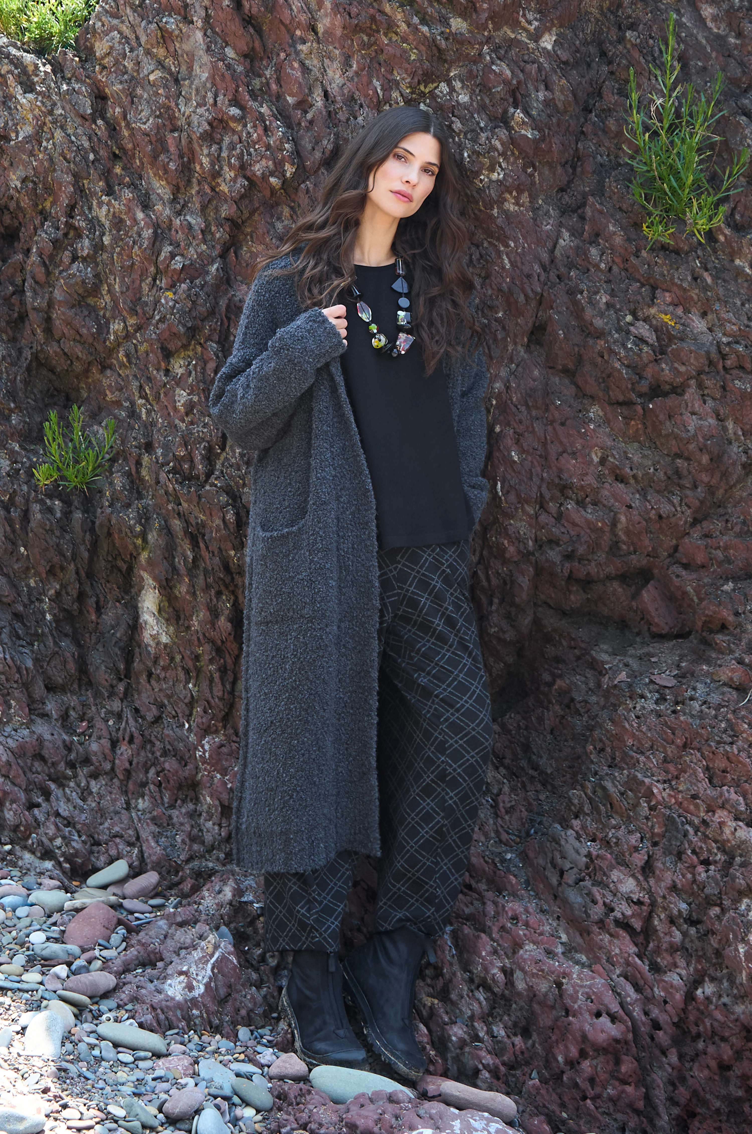 Boucle Knit Long Charcoal Cardi - Image 4