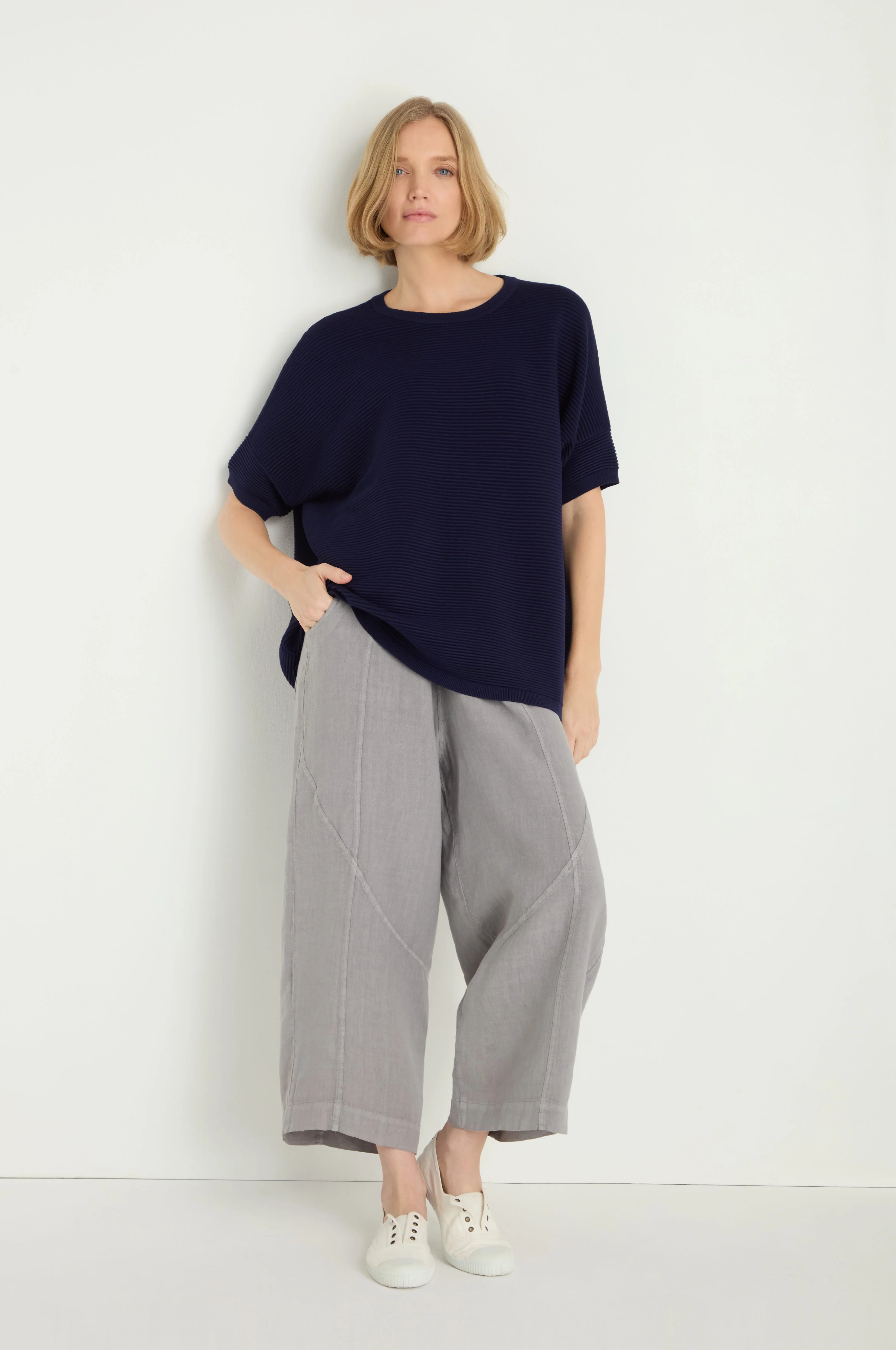 Short Sleeve Navy Ribbed Jumper - Image 3