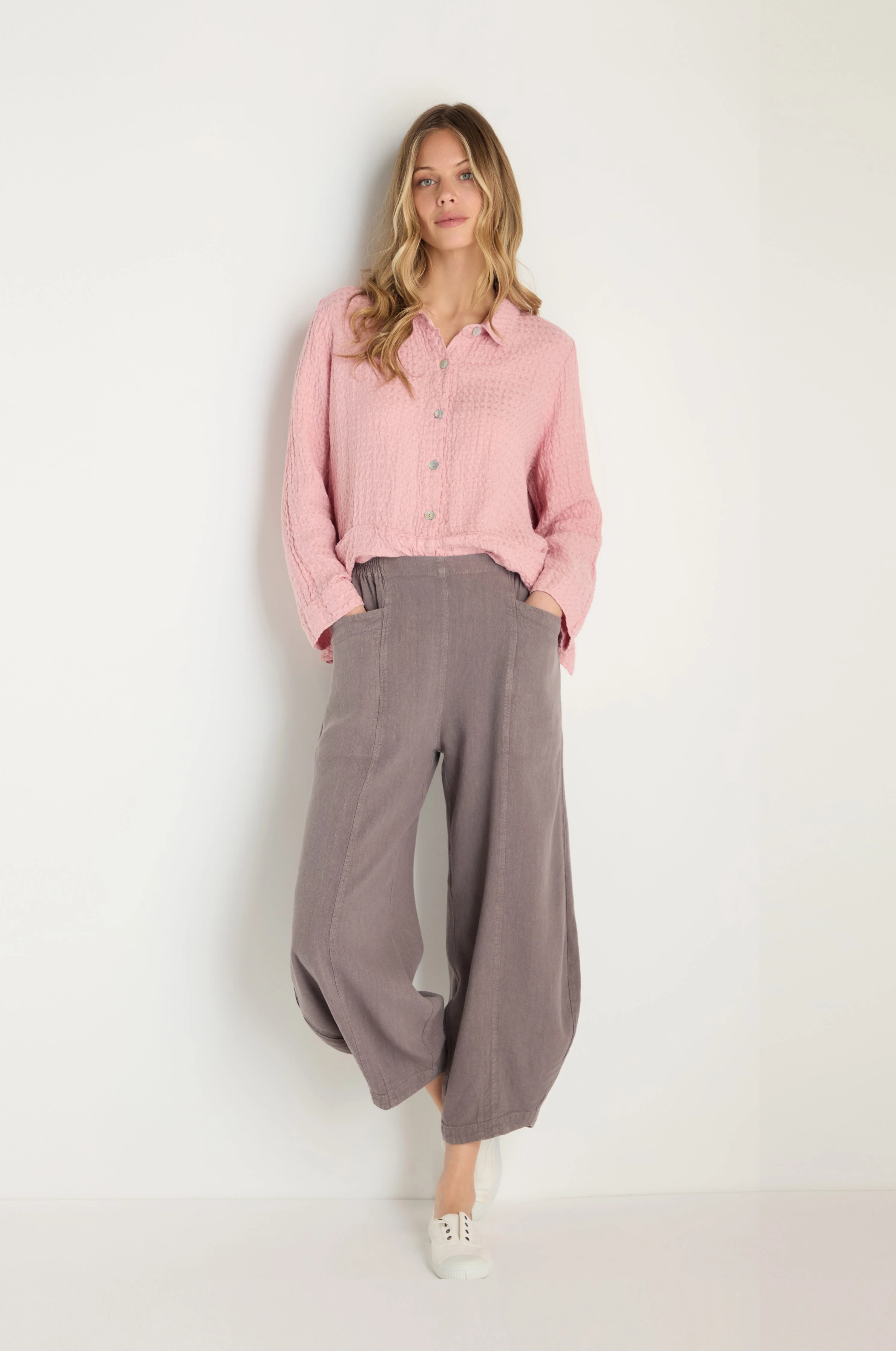 Twisted Linen Mushroom Bubble Trousers - Image 3