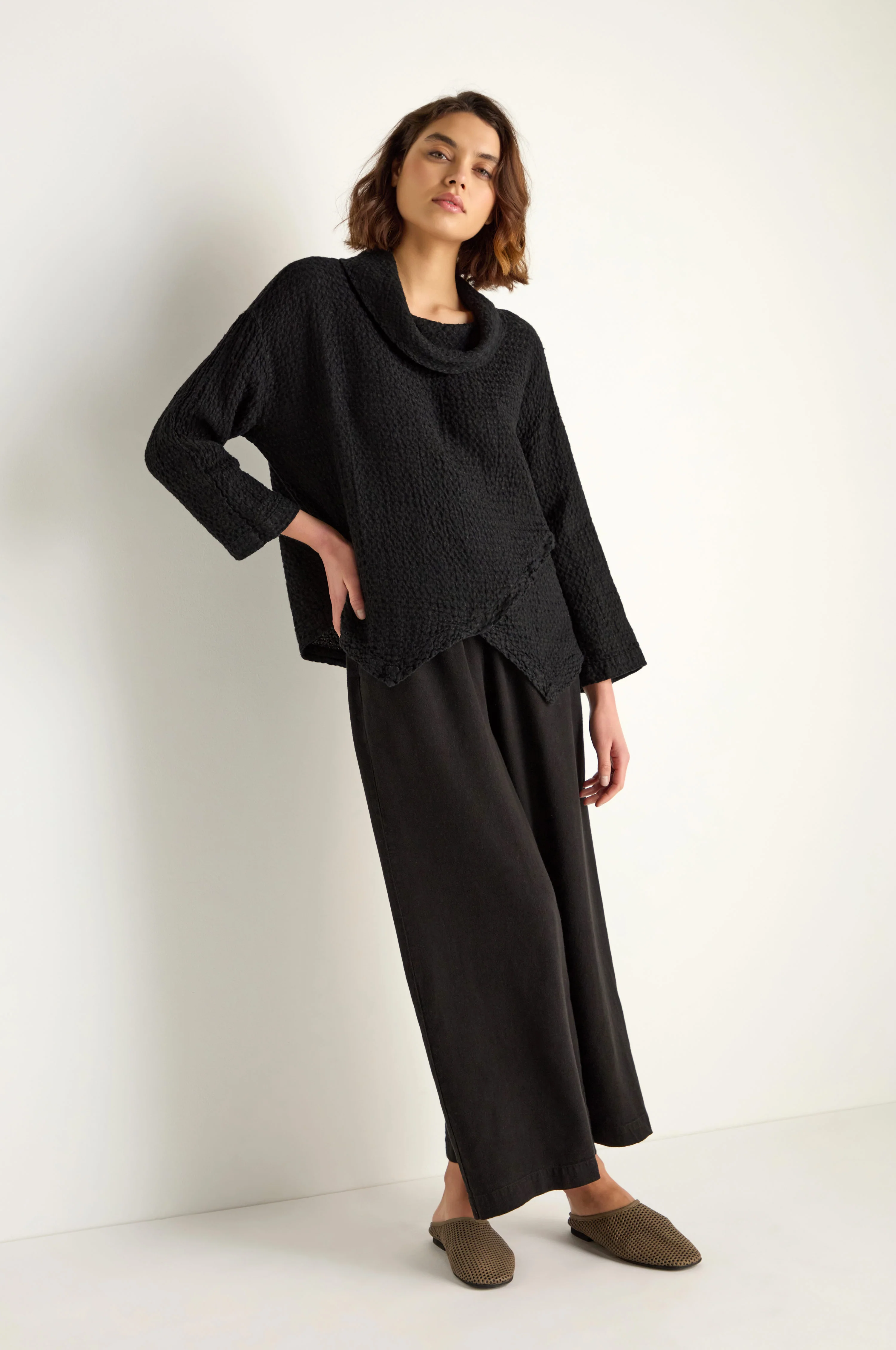 Waffle Linen Black Boxy Cowl Neck Top - Image 3