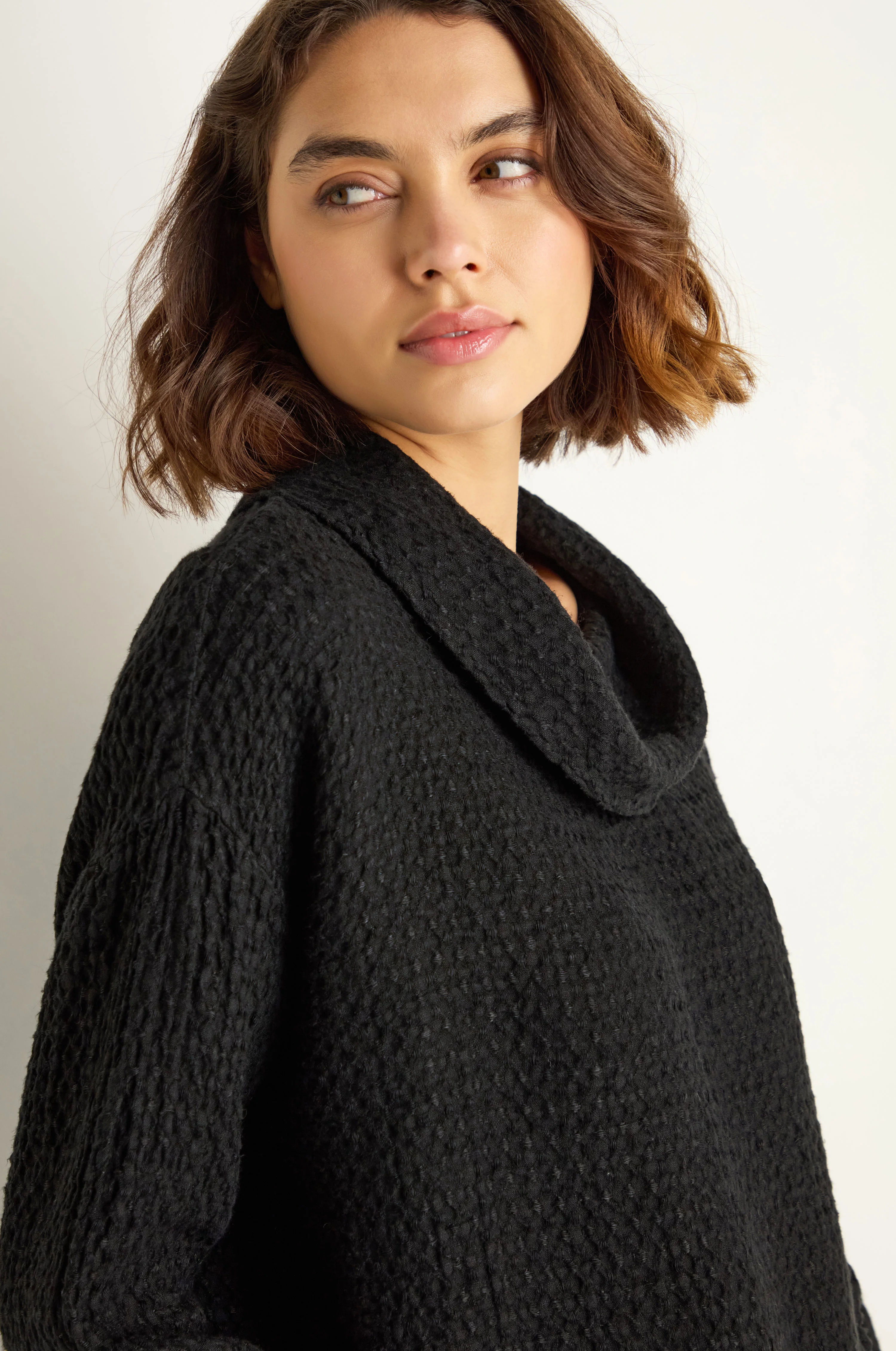 Waffle Linen Black Boxy Cowl Neck Top - Image 4
