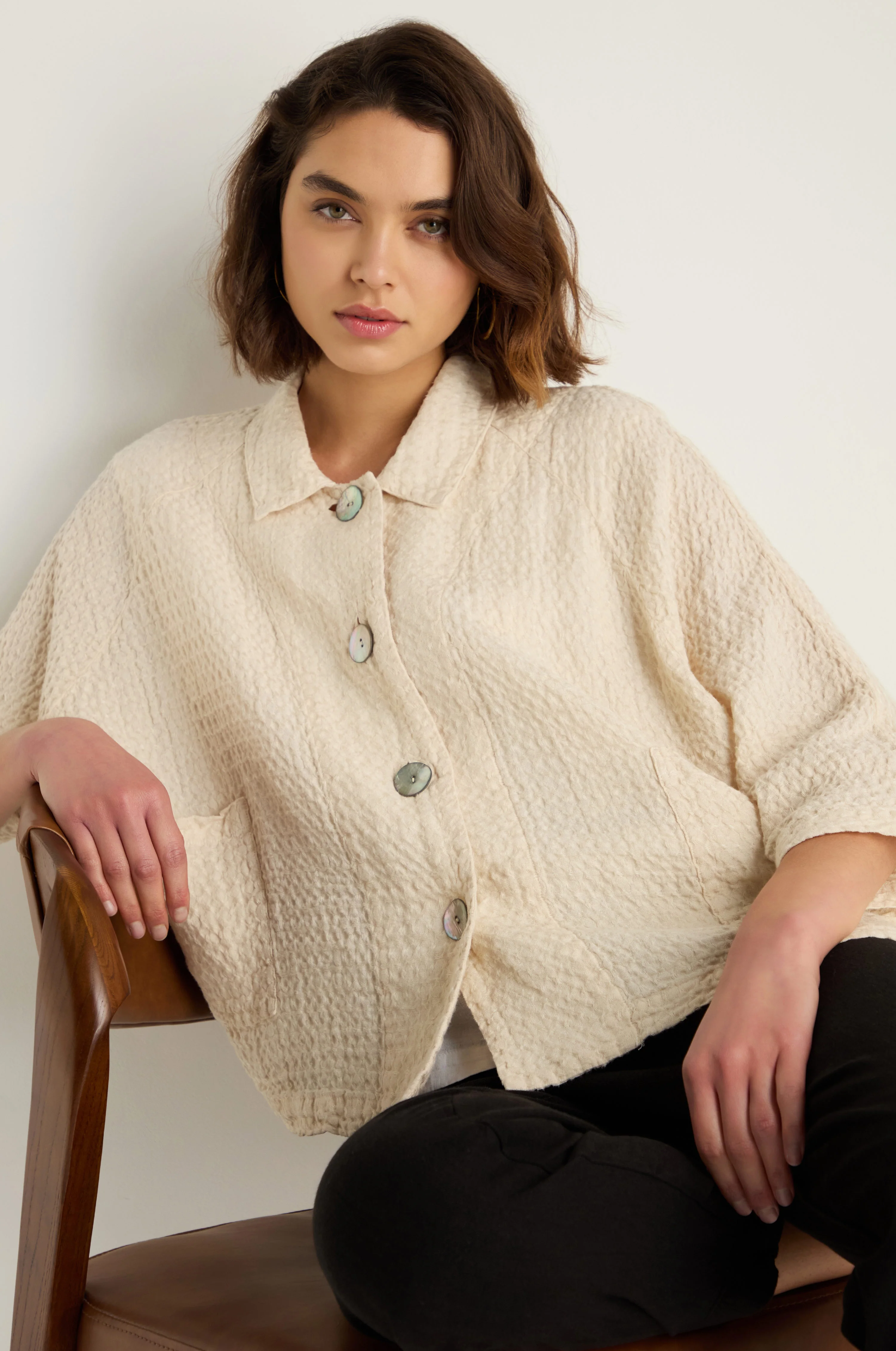 Waffle Linen Ecru Boxy Jacket - Image 3