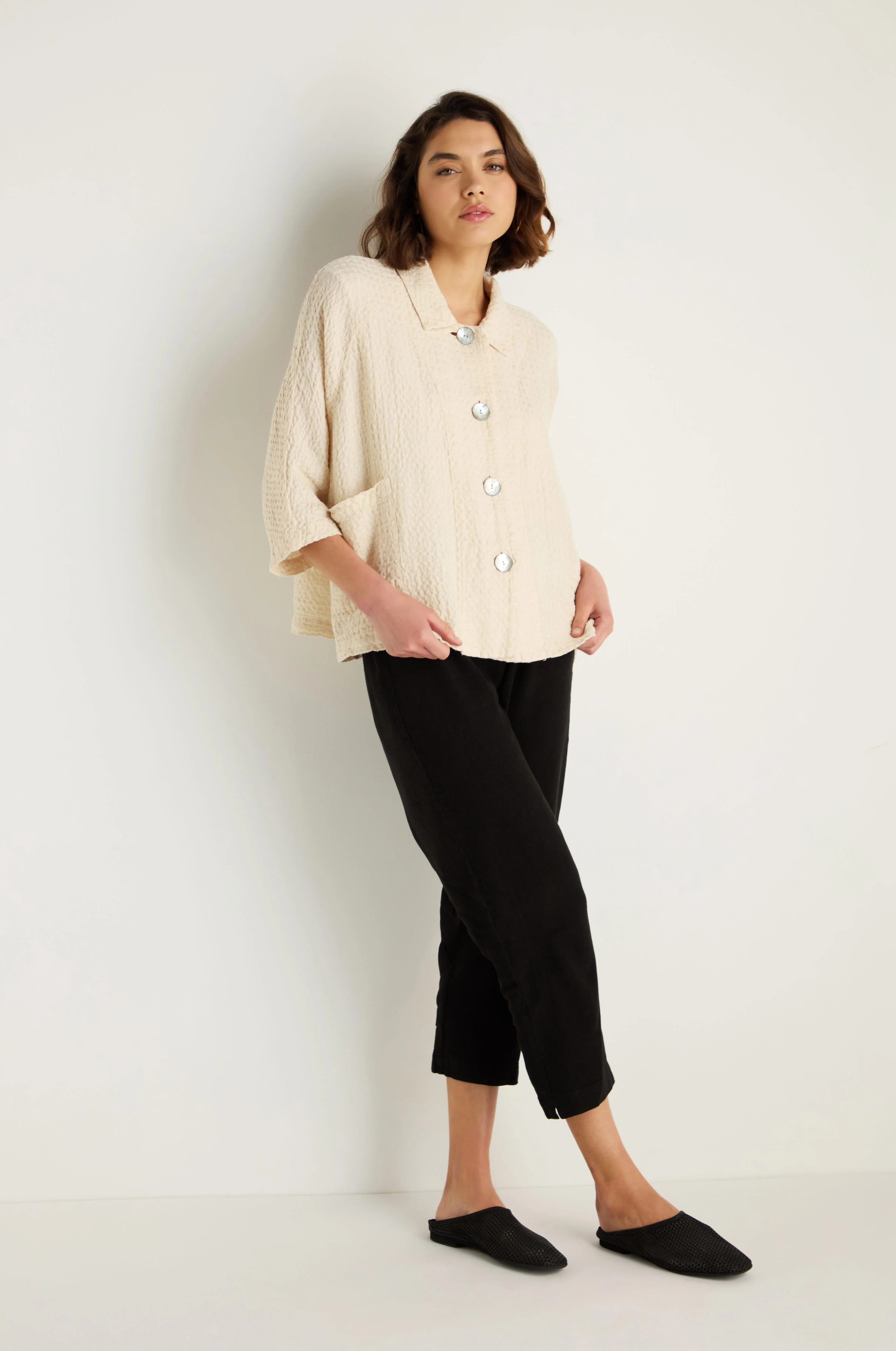 Waffle Linen Ecru Boxy Jacket - Image 4